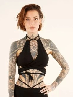 Brassière Crop Top à Décolleté Licou Plongeant "Nahri", Noir