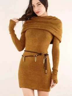 Ceinture "Feathers", Tissus Marron Et Perles Dorées