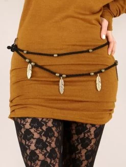 Ceinture "Feathers", Tissus Noir Et Perles Dorées