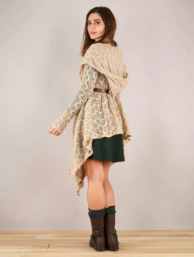 Gilet Châle En Crochet à Capuche Et Manches Longues "Danaeriz", Beige 4 Gilet Châle En Crochet à Capuche Et Manches Longues "Danaeriz", Beige – Image 4