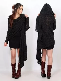 Gilet Châle En Crochet à Capuche Et Manches Longues "Danaeriz", Noir -Magasin De Vêtements Pour Femmes chale en crochet danaeriz noir p image 326907 grande