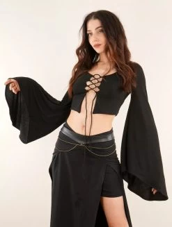 Crop Top à Manches Longues évasées Et Laçage "Elfique", Noir