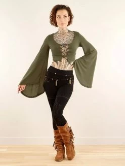 Crop Top à Manches Longues évasées Et Laçage "Elfique", Vert Kaki -Magasin De Vêtements Pour Femmes crop top a manches longues evasees et lacage elfique vert kaki p image 347819 grande