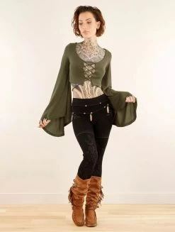Crop Top à Manches Longues évasées Et Laçage "Elfique", Vert Kaki -Magasin De Vêtements Pour Femmes crop top a manches longues evasees et lacage elfique vert kaki p image 347822 grande