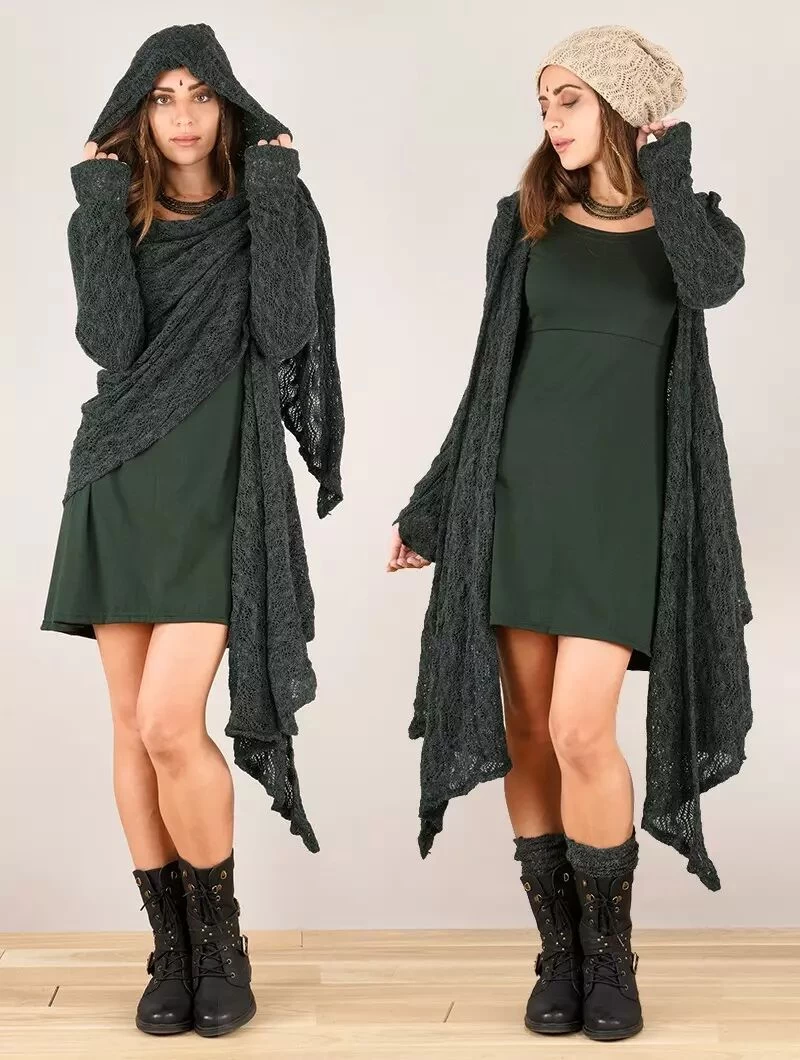 Gilet Châle En Crochet à Capuche Et Manches Longues "Danaeriz", Gris Bleuté 1 Gilet Châle En Crochet à Capuche Et Manches Longues "Danaeriz", Gris Bleuté