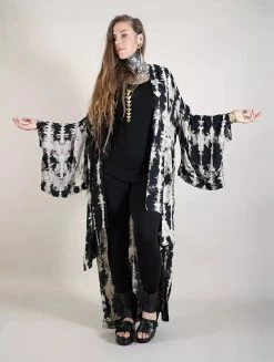 Gilet Kimono Tie Dye "Kyoto", Noir Et Beige