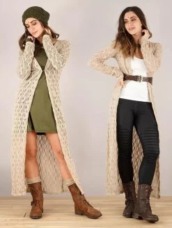 Gilet Long En Crochet "Boheme", Beige