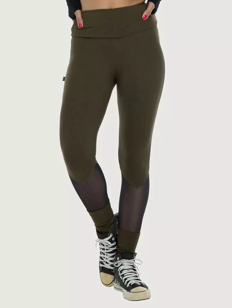 Legging Long Avec Empiècements En Tulle "Arrow", Vert Kaki Foncé 1 Legging Long Avec Empiècements En Tulle "Arrow", Vert Kaki Foncé