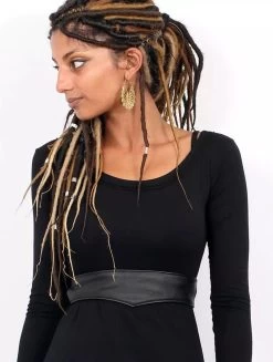 Ceinture "Kazöo", Simili Cuir Noir Et Perles Dorées