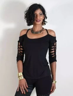 Top à Manches 3/4 Et Dos Découpés Et Tressés "Sedna", Noir -Magasin De Vêtements Pour Femmes p image 320501 grande