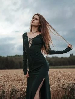 Robe Longue Fendue à Laçage "Valkyrie", Vert Canard