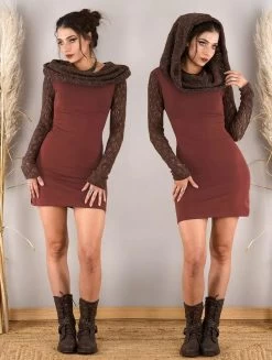 Robe Manches Longues Crochet "Atmäa", Marron Et Terre De Sienne