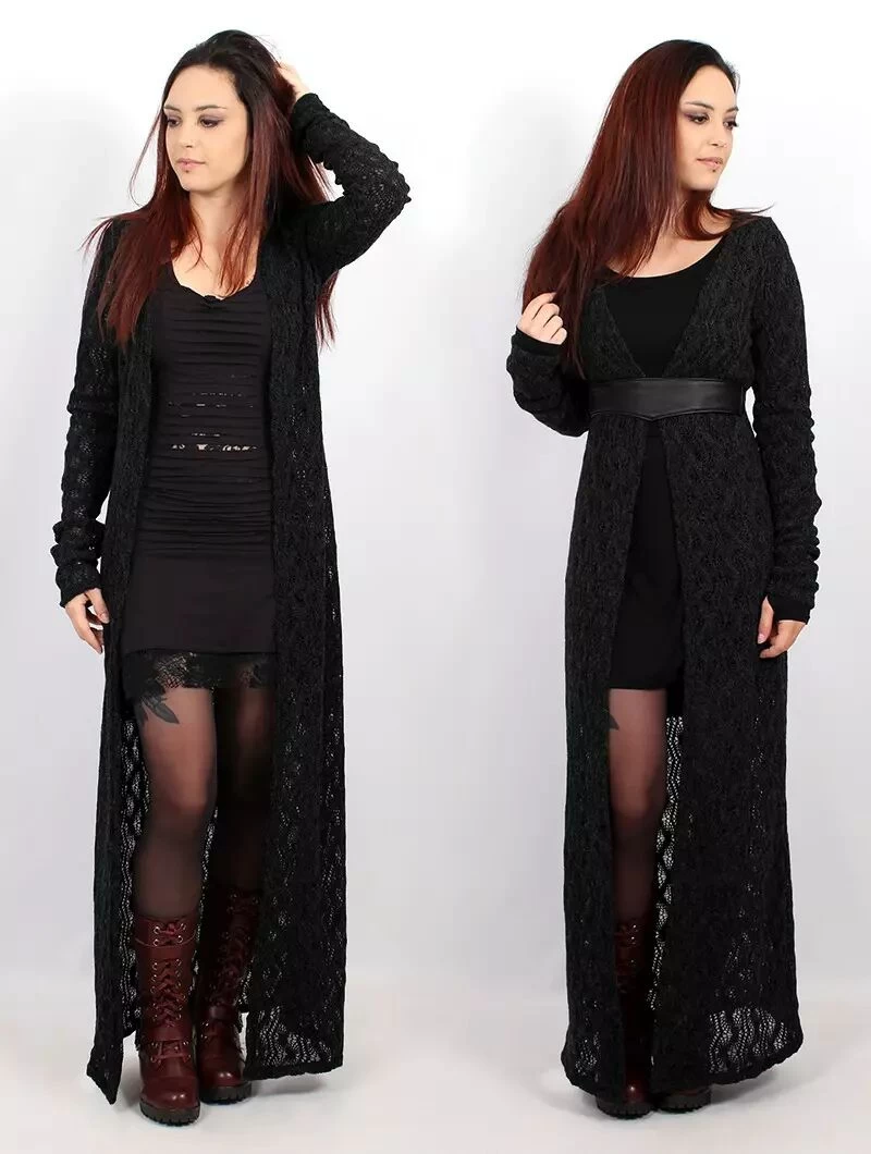 Gilet Long En Crochet "Boheme", Noir 4 Gilet Long En Crochet "Boheme", Noir – Image 4