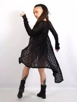 Gilet Long En Crochet "Boheme", Noir