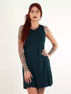 Robe Courte Sans Manches Imprimée "Lotus Vairë", Bleu Pétrole Foncé