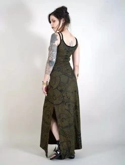 Robe Longue Fendue Imprimée à Bretelles "Electra Africa", Vert Kaki