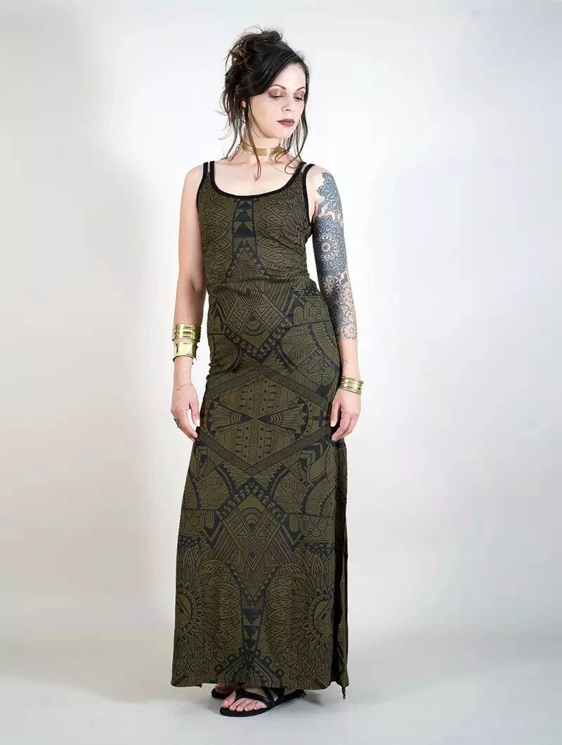 Robe Longue Fendue Imprimée à Bretelles "Electra Africa", Vert Kaki 3 Robe Longue Fendue Imprimée à Bretelles "Electra Africa", Vert Kaki – Image 3