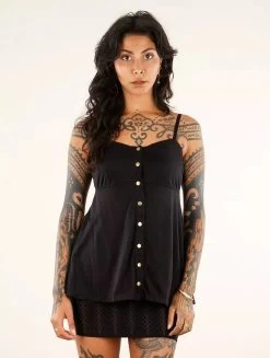 Top Péplum Boutonné à Bretelles "Nixie", Noir