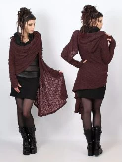 Gilet Châle En Crochet à Capuche Et Manches Longues "Danaeriz", Bordeaux -Magasin De Vêtements Pour Femmes p image 346159 grande