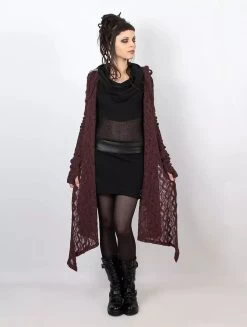 Gilet Châle En Crochet à Capuche Et Manches Longues "Danaeriz", Bordeaux -Magasin De Vêtements Pour Femmes p image 346160 grande