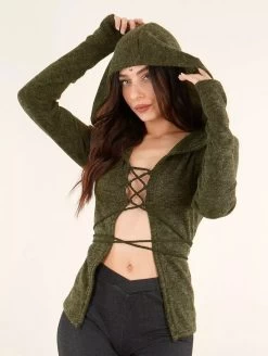 Gilet à Laçage Et Capuche "Awenäe", Vert Kaki