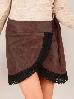 Jupe Courte Portefeuille En Simili Cuir Effet Vintage "Lüuz", Marron -Magasin De Vêtements Pour Femmes p image 347129 grande