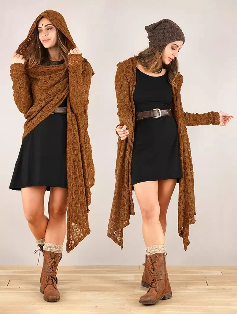 Gilet Châle En Crochet à Capuche Et Manches Longues "Danaeriz", Rouille 5 Gilet Châle En Crochet à Capuche Et Manches Longues "Danaeriz", Rouille – Image 5