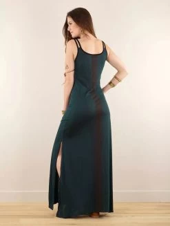 Robe Longue Fendue Imprimée à Bretelles "Electra Umbas", Bleu Pétrole -Magasin De Vêtements Pour Femmes p image 347915 grande
