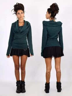 Pull Col Bénitier "Kali", Bleu Pétrole Chiné -Magasin De Vêtements Pour Femmes pull kali bleu petrole chine p image 327349 grande