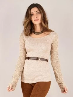 Pull Manches Crochet "Oroshï", Beige