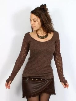 Pull Manches Crochet "Oroshï", Marron