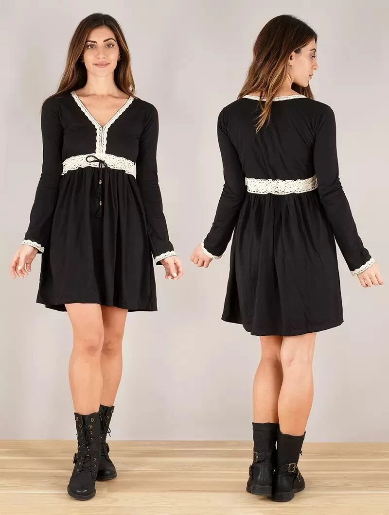 Robe à Manches Longues Et Détails Crochet "Firiel", Noir 2 Robe à Manches Longues Et Détails Crochet "Firiel", Noir – Image 2