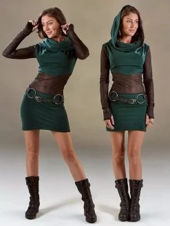 Robe Courte Manches Longues Avec Empiècements Transparents "Azmiyäa", Vert Canard -Magasin De Vêtements Pour Femmes robe azmiyaa vert canard p image 332468 grande