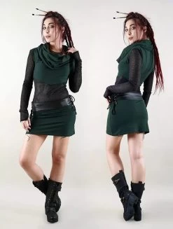 Robe Courte Manches Longues Avec Empiècements Transparents "Azmiyäa", Vert Canard -Magasin De Vêtements Pour Femmes robe azmiyaa vert canard p image 332785 grande