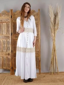 Robe Longue Boutonnée "Heldaria", Blanc Et Crochet Beige -Magasin De Vêtements Pour Femmes robe longue boutonnee heldaria blanc et crochet beige p image 326759 grande
