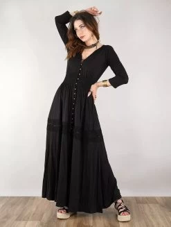 Robe Longue Boutonnée "Heldaria", Noir Avec Crochet Noir