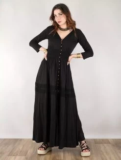 Robe Longue Boutonnée "Heldaria", Noir Avec Crochet Noir -Magasin De Vêtements Pour Femmes robe longue boutonnee heldaria noir avec crochet noir p image 330128 grande