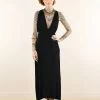 Robe Longue Fendue à Col V "Darayava", Noir