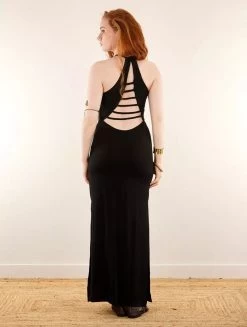 Robe Longue Fendue à Dos Nu Avec Lanières "Oïshi", Noir