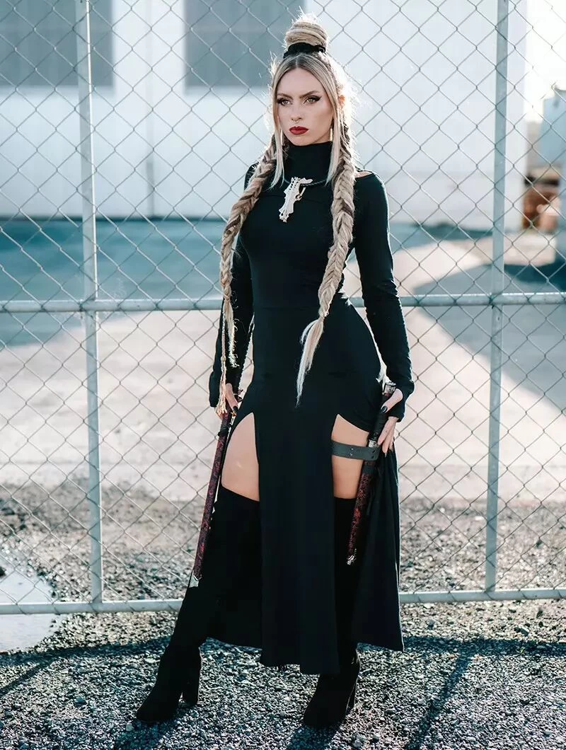 Robe Longue Fendue à Manches Longues "Shalimar", Noir 2 Robe Longue Fendue à Manches Longues "Shalimar", Noir – Image 2