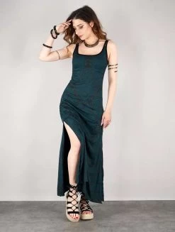 Robe Longue Fendue Imprimée à Bretelles "Electra Africa", Bleu Pétrole