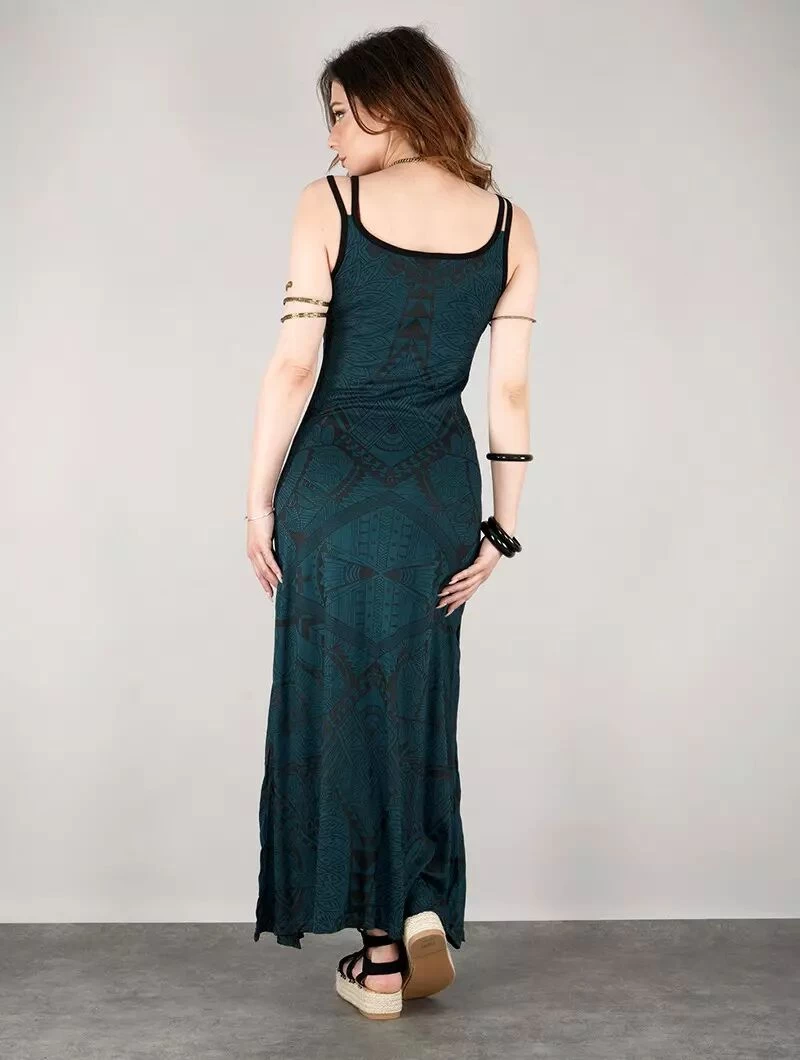 Robe Longue Fendue Imprimée à Bretelles "Electra Africa", Bleu Pétrole 2 Robe Longue Fendue Imprimée à Bretelles "Electra Africa", Bleu Pétrole – Image 2