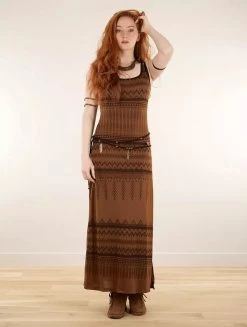 Robe Longue Fendue Imprimée à Bretelles "Electra Aztec", Terre De Sienne