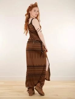 Robe Longue Fendue Imprimée à Bretelles "Electra Aztec", Terre De Sienne -Magasin De Vêtements Pour Femmes robe longue fendue imprimee a bretelles electra aztec terre de sienne p image 340108 grande