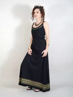 Robe Longue à Bretelles Imprimée "Indie Oromë", Noir