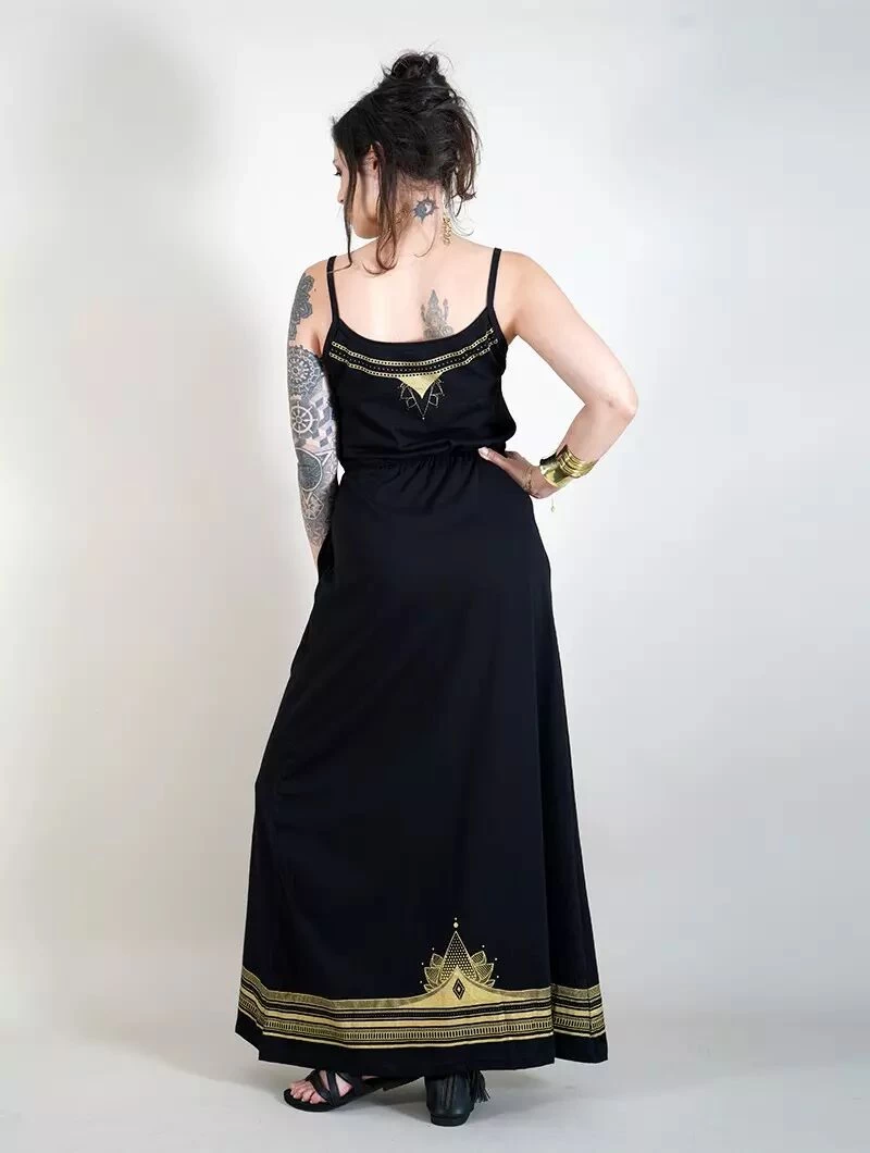 Robe Longue à Bretelles Imprimée "Lotus Oromë", Noir 3 Robe Longue à Bretelles Imprimée "Lotus Oromë", Noir – Image 3