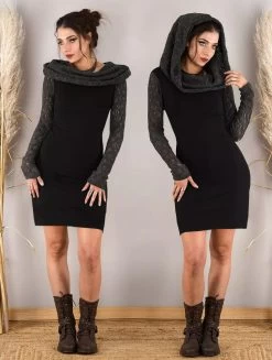 Robe Manches Longues Crochet "Atmäa", Noir Et Gris