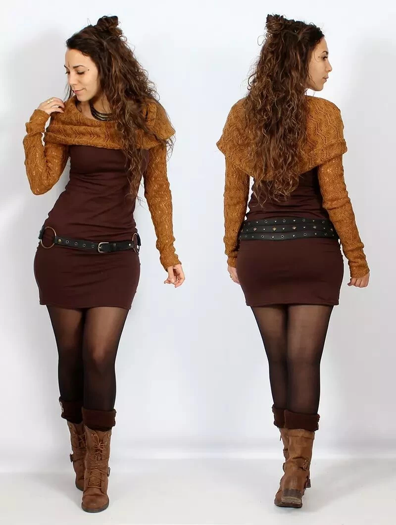 Robe Manches Longues Crochet "Atmäa", Rouille Et Marron 2 Robe Manches Longues Crochet "Atmäa", Rouille Et Marron – Image 2