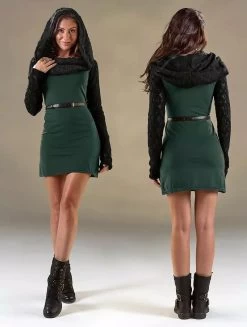 Robe Manches Longues Crochet "Atmäa", Vert Canard Et Noir