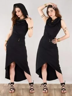 Robe Mi Longue Asymétrique à Capuche "Onyxx", Noir